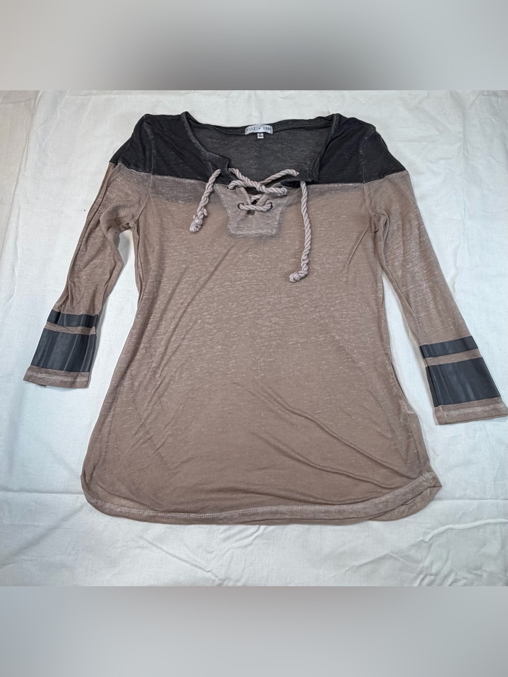 FITZ + EDDI Lace-Up Colorblock Sheer Long Sleeve Top - Taupe & Black